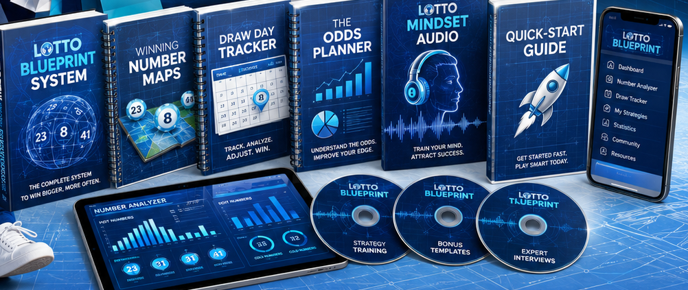 The Lotto Blueprint package — system manual, number maps, draw day tracker, odds planner, mindset audio, quick-start guide and the member dashboard